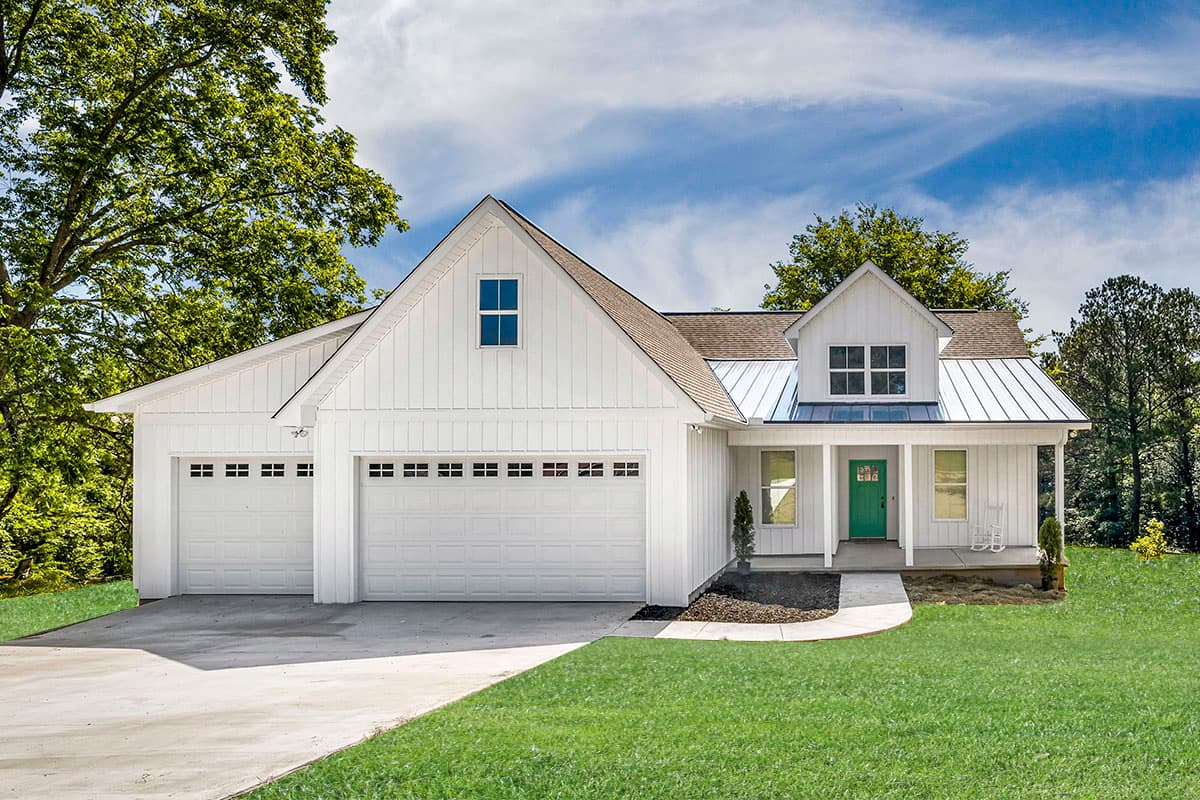 House plan exterior: Two-story Modern Farmhouse with gables, a covered porch, and a metal roof over the entry and dormer.