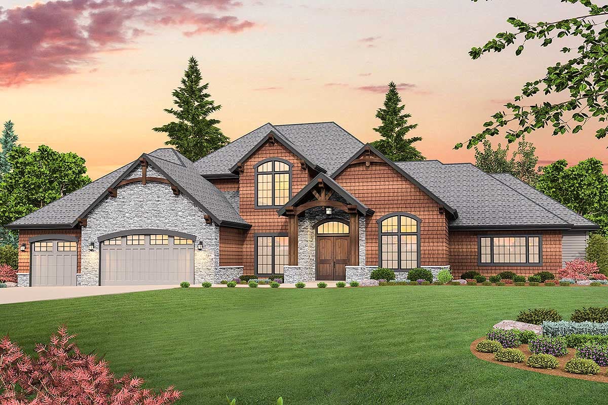 House plan exterior: two-story home with stone and wood shingle siding, arched windows, and a large covered entryway.