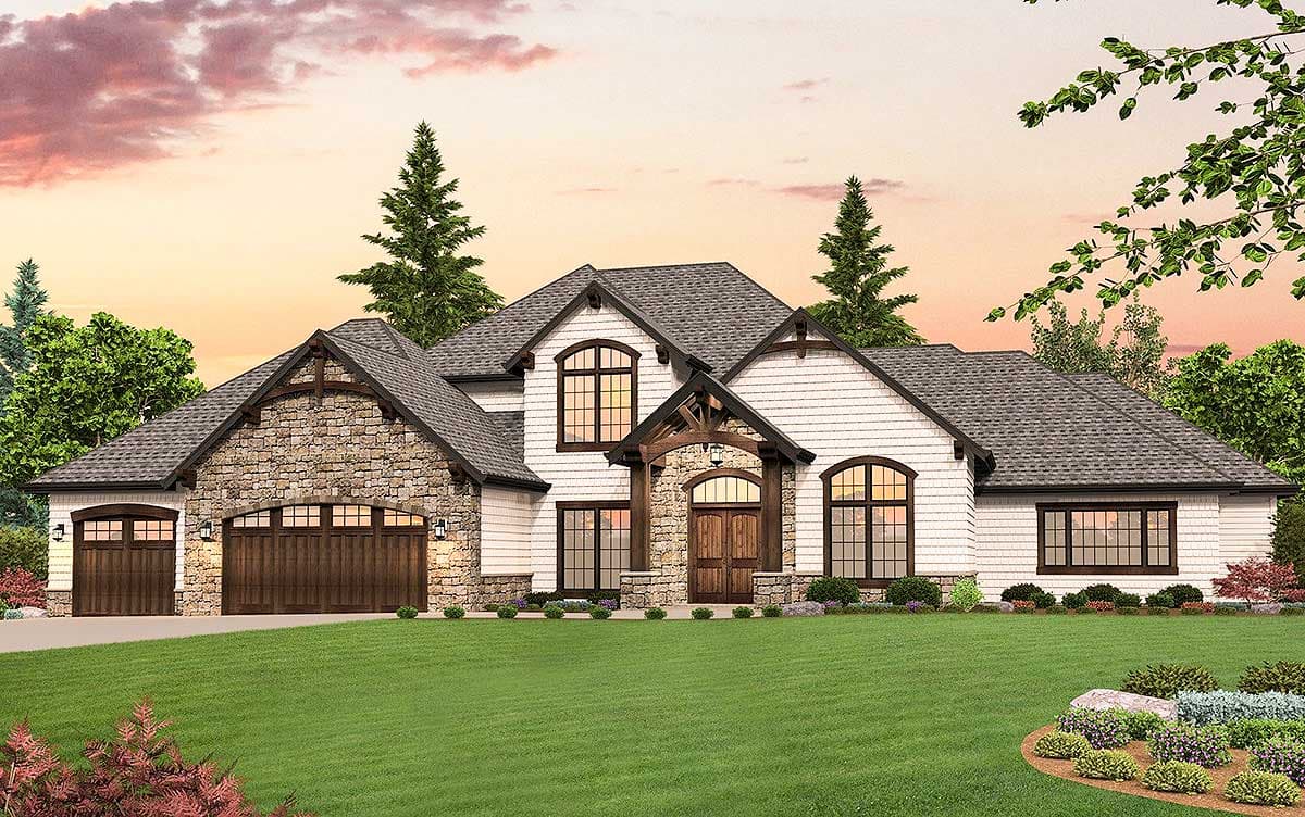 House plan exterior with stone and siding facade, Craftsman style. Features include gables, arched windows, and a portico over the front entry.