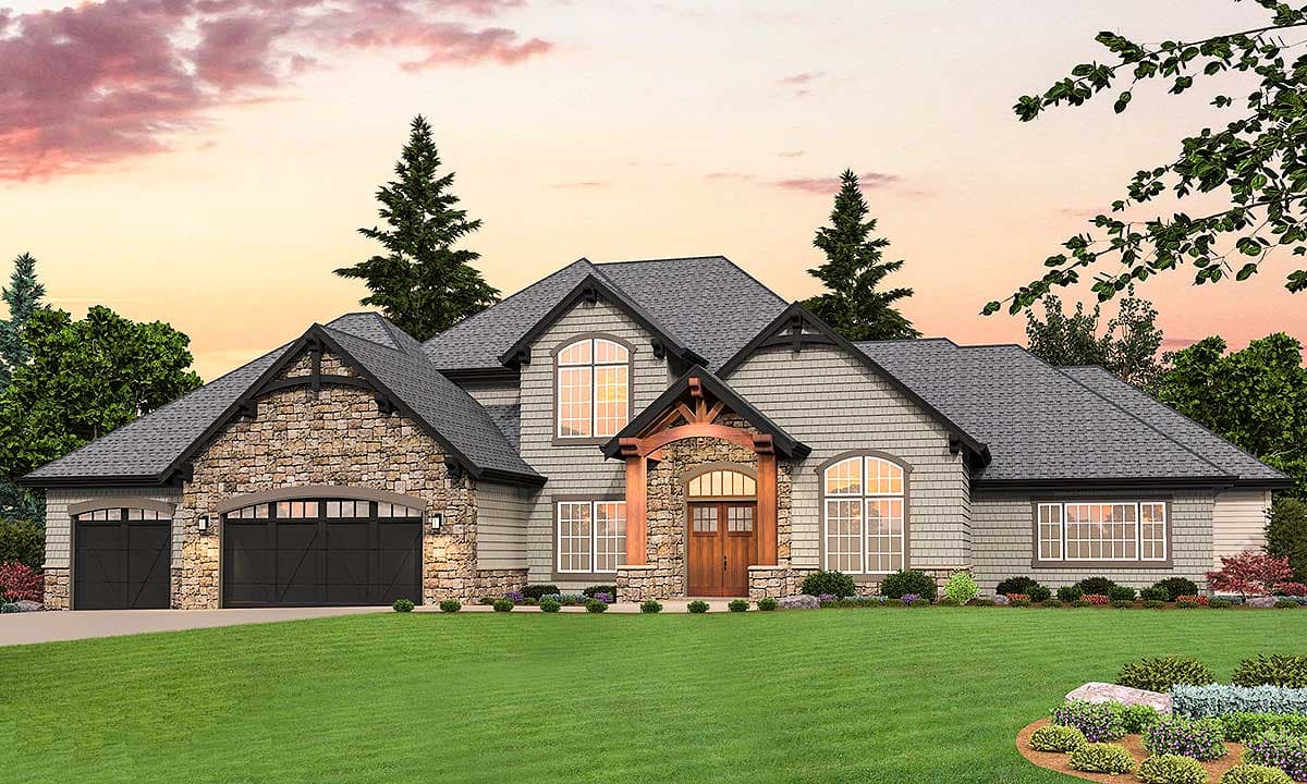 House plan exterior: Modern Farmhouse style, 2 stories, stone accents, gables, and a prominent covered entry with timber details.