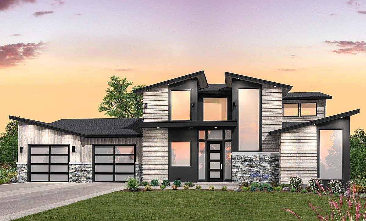 House plan exterior. Modern style with two stories, a flat roof, large windows, wood siding, and glass garage doors.