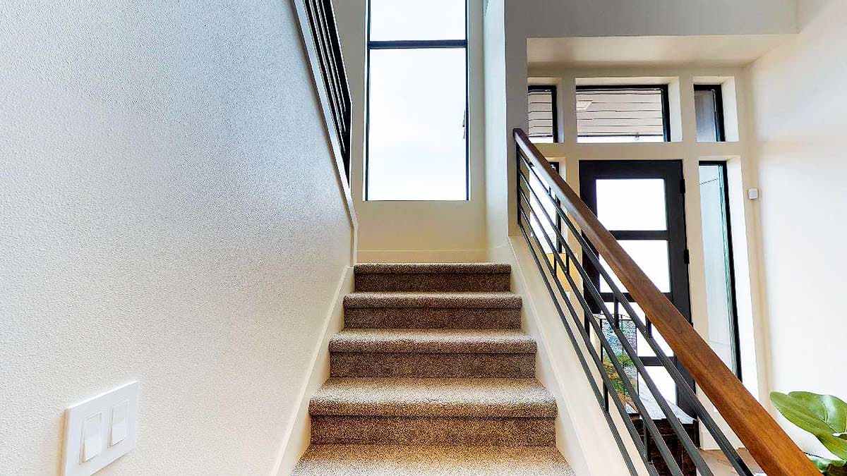 Carpeted staircase with wood and metal railing. Tall window above and glass-paneled door.