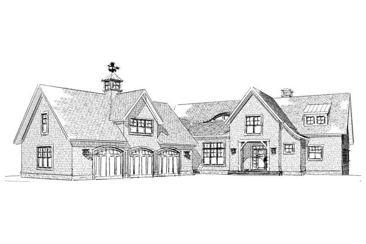 House plan exterior with a gambrel roof, multiple gables, a cupola, and a four-car garage.