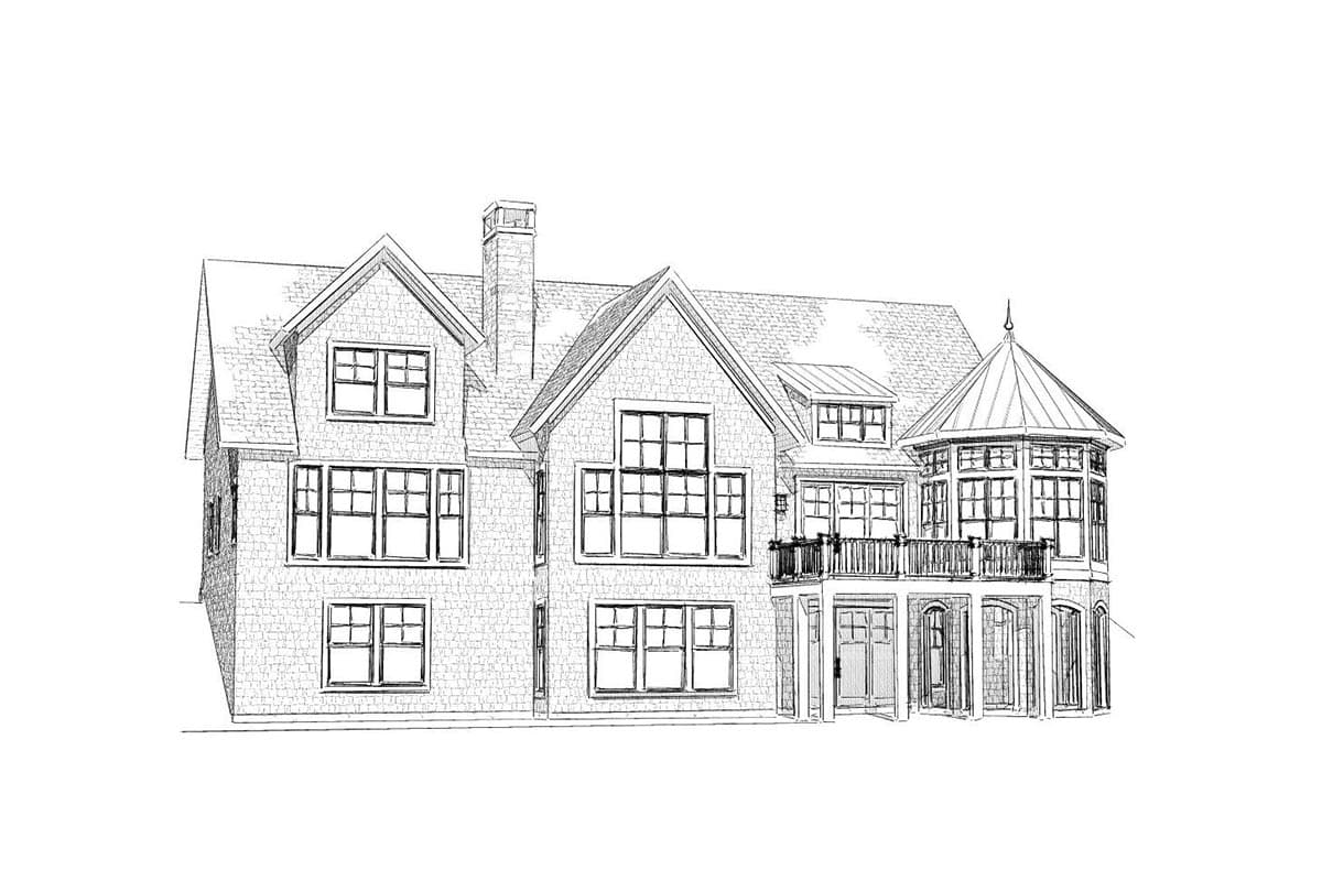 House plan exterior drawing of a multi-story home with gables, a prominent chimney, and a rounded turret.