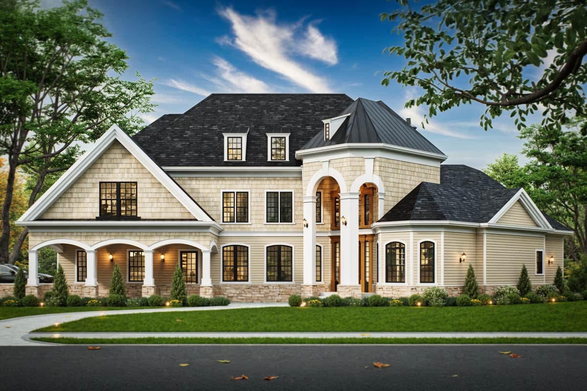 House plan exterior. Two-story with stone facade, arched entryway, and multiple gables. Features include a covered porch and dormers.