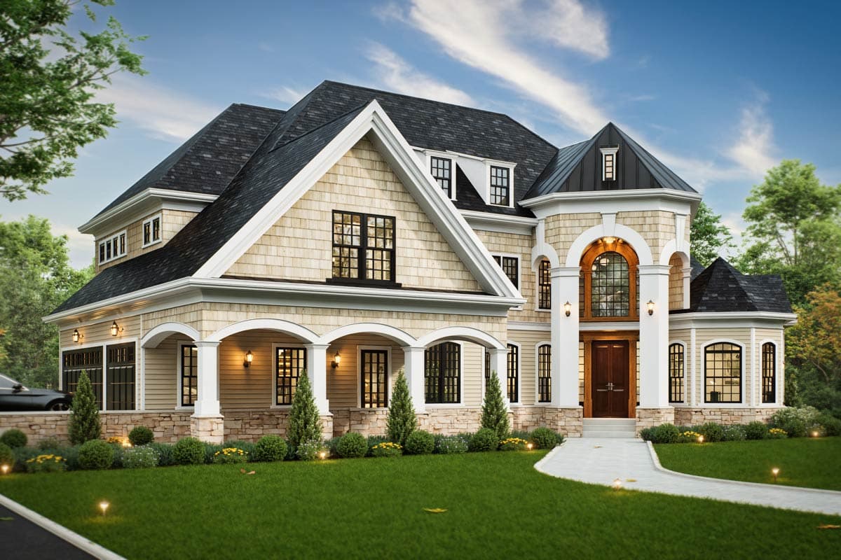 House plan exterior: Two-story home with arched portico, multipitch roof, cedar shake siding, and stone accents.