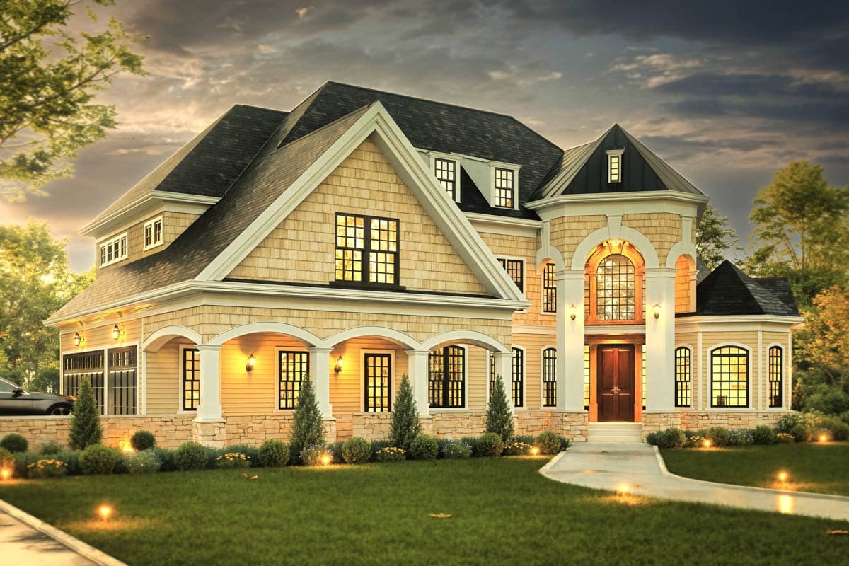 House plan exterior: two-story home with gabled roof, arched portico, shingle siding, and multi-paned windows.