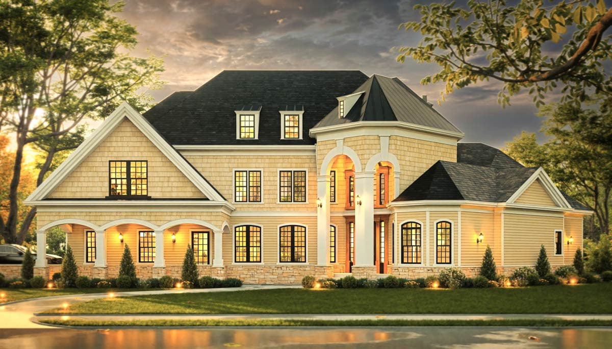 House plan exterior: Two-story home with arched entryway, gables, dormers, shingle and stone siding, and covered porch.