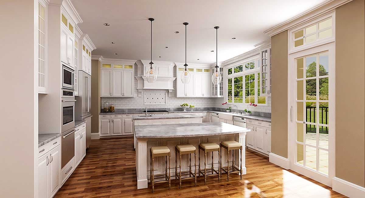 Kitchen rendering with island seating, white cabinetry, subway tile backsplash, and large windows.