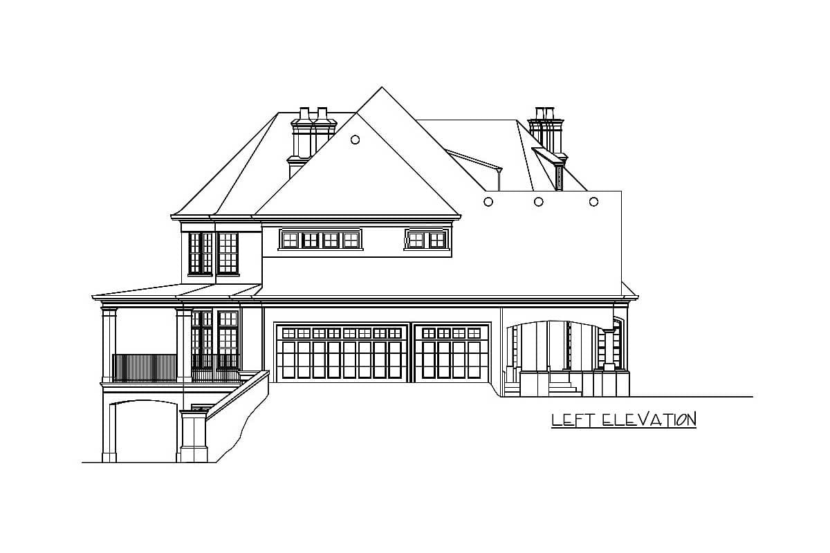 Left elevation drawing of a multi-story house plan with prominent gables, a covered porch, and a three-car garage.