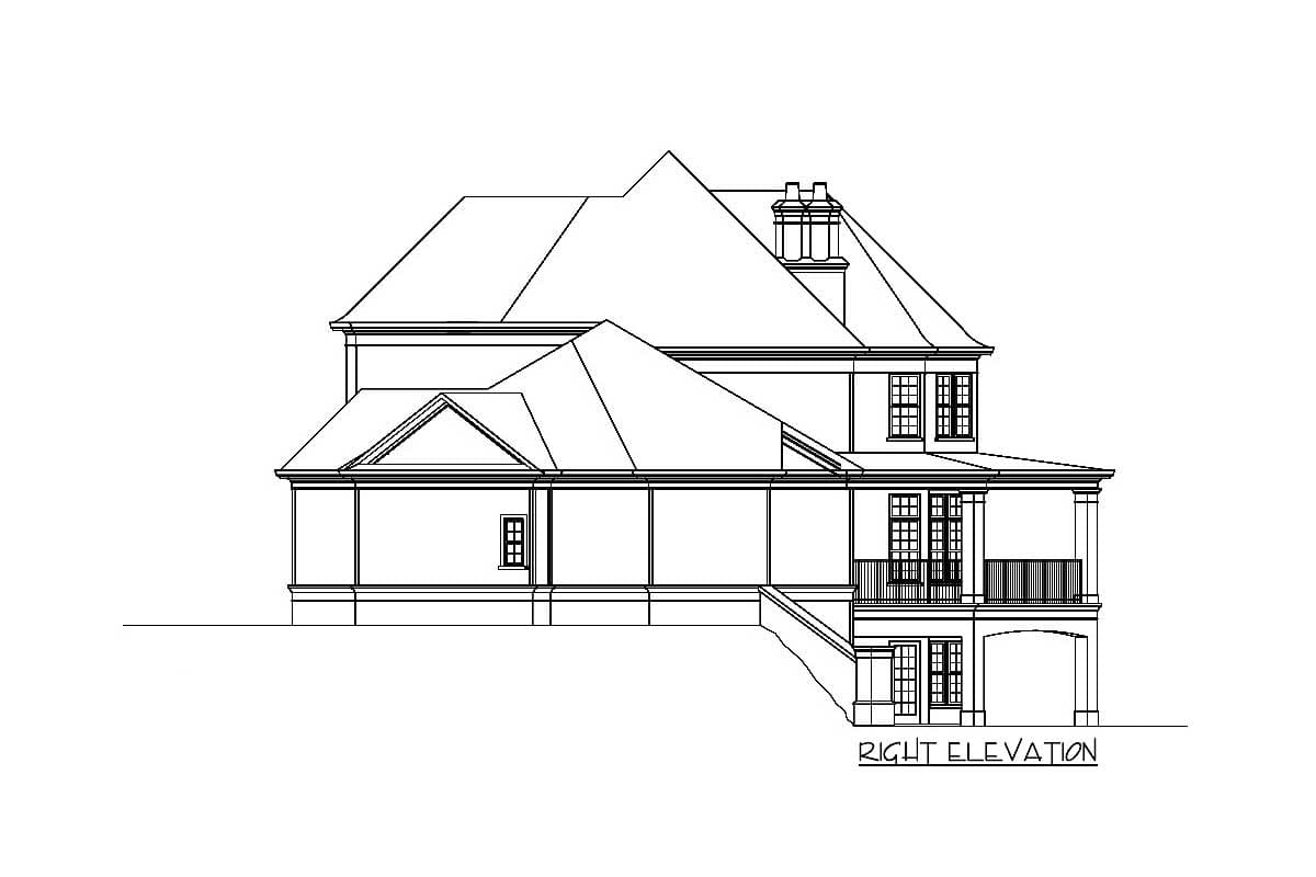 Right elevation house plan drawing of a two-story home with multiple gables, a dormer, and a covered rear balcony.