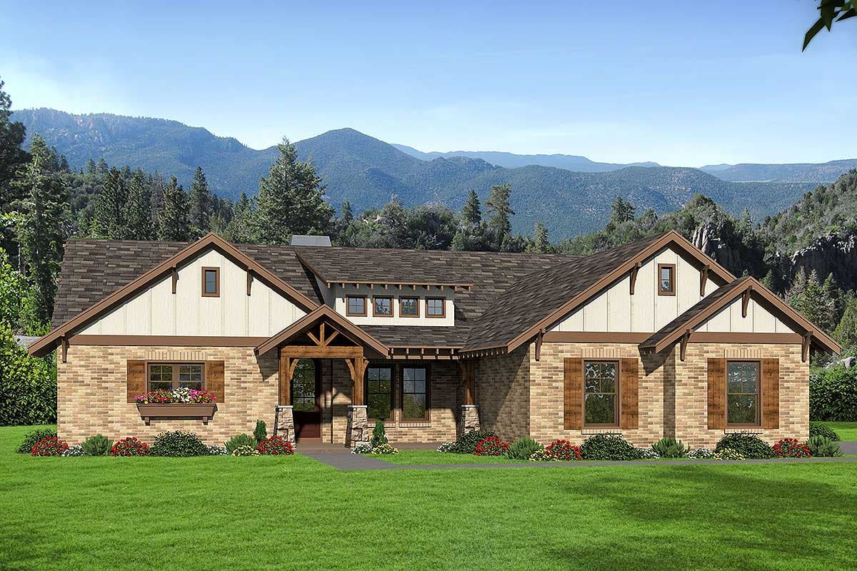 House plan exterior. Craftsman style, one-story. Features include a covered entry porch, gabled rooflines, and decorative window shutters.