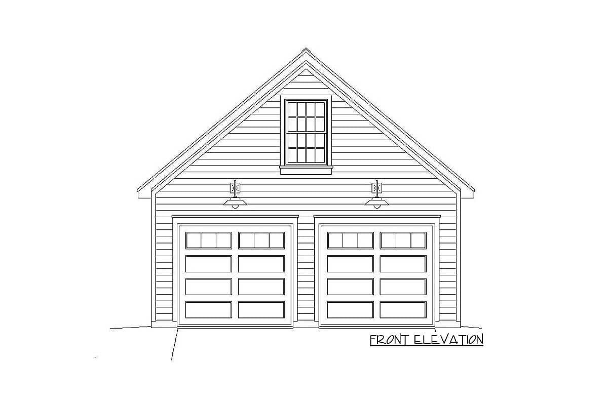 Front elevation drawing of a two-bay garage with paneled doors, a dormer window, and exterior lights.