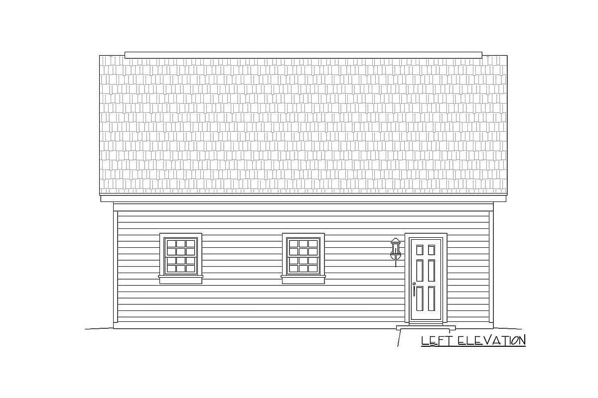 House plan left elevation: shows a shingled gable roof, horizontal siding, two windows, and a paneled front door with a lantern.
