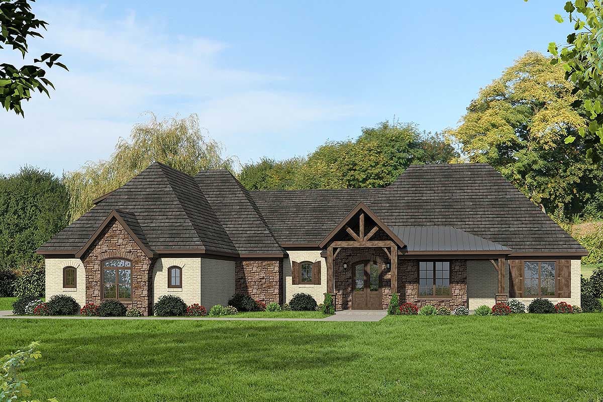 House plan exterior with stone and brick facade, a single-story ranch style with gabled rooflines, and a covered porch.