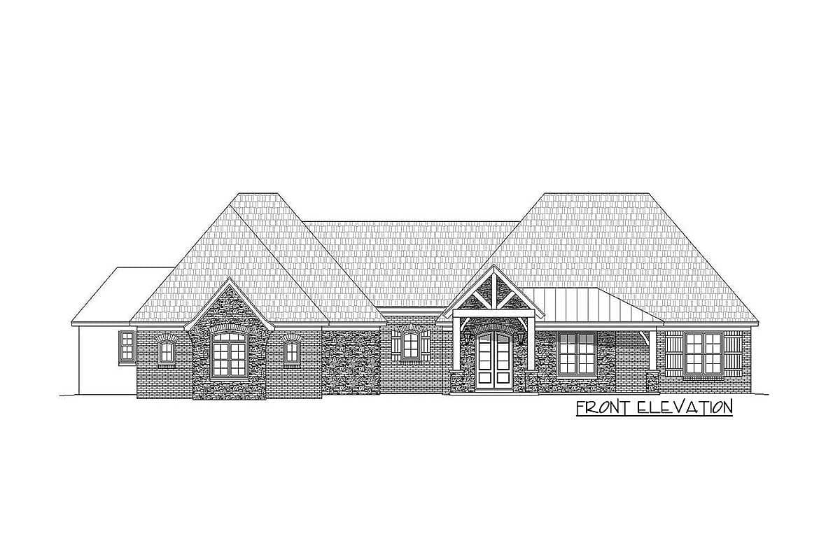 Front elevation drawing of a single-story house with stone accents, a prominent gable, and a covered front porch with exposed beams.