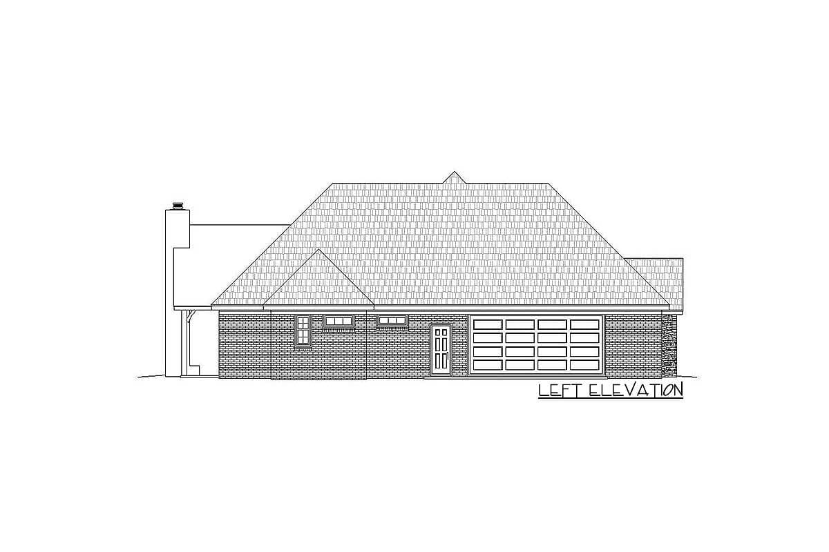 Left elevation drawing of a house plan showing a large, multi-section garage door, windows, and a pitched roof.