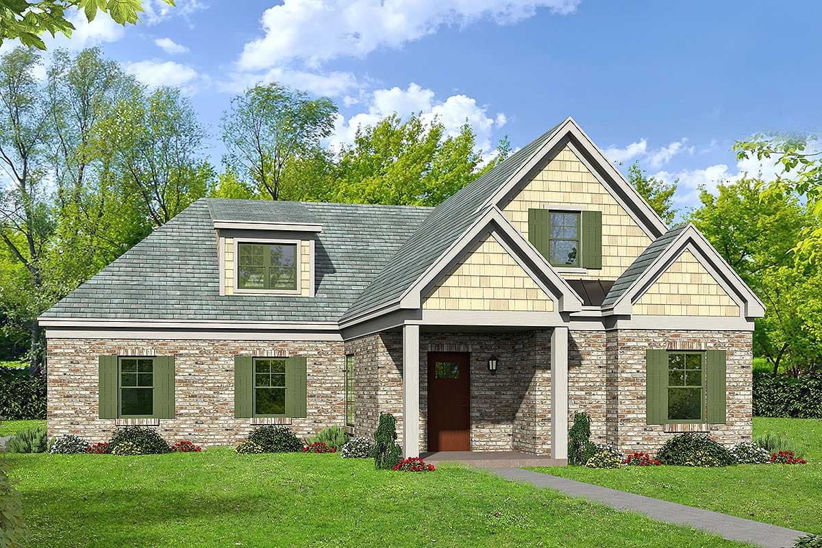 House plan exterior. Craftsman style, one story, with gables, a covered porch, and a dormer window.