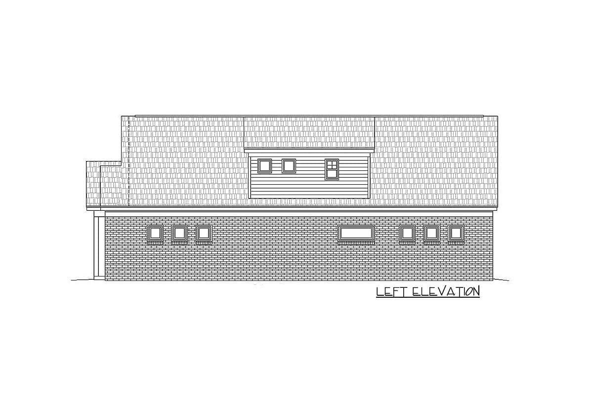 Left elevation drawing of a house plan, featuring a brick base, hip roof, and a dormer with three windows.
