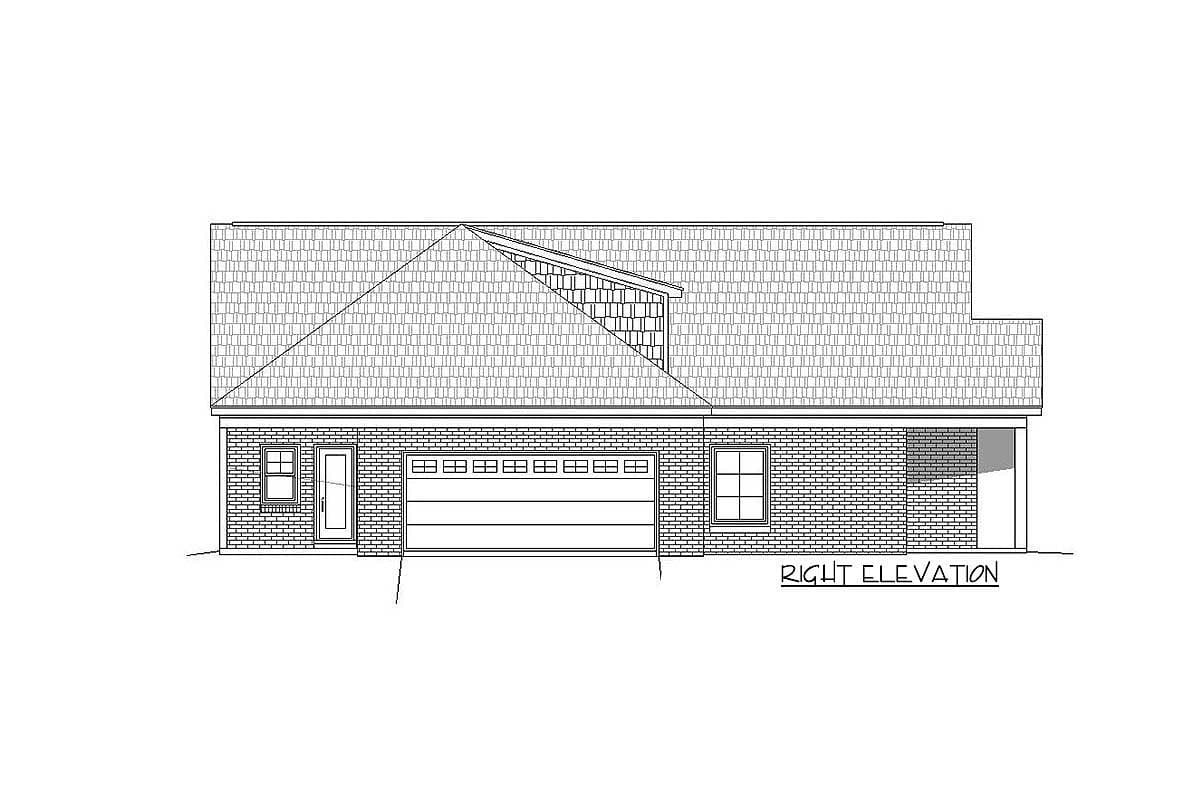 Right elevation house plan drawing showing a brick exterior with a large garage door, one window, and a dormer on the steeply pitched roof.
