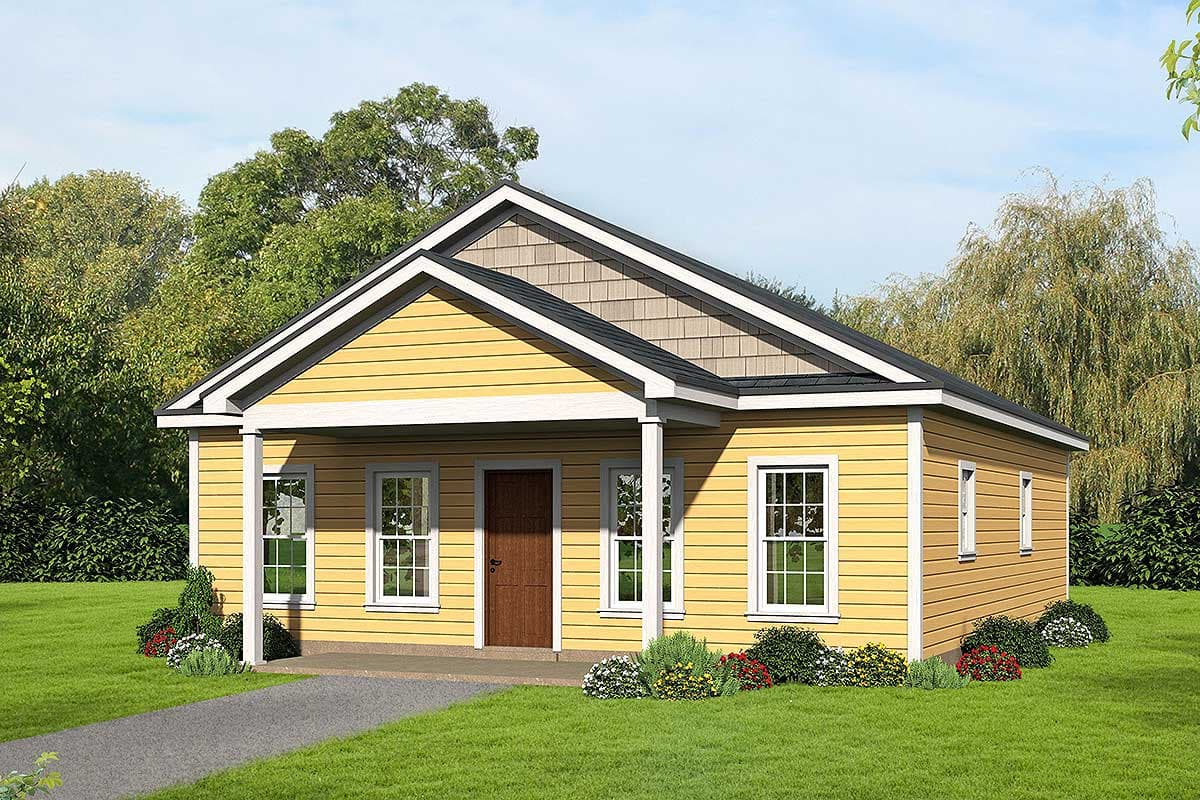 House plan exterior: Single-story home with a covered front porch, gabled roof, and horizontal siding.