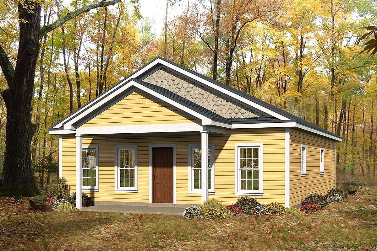 House plan exterior. One-story structure with gabled roof, front porch, and shingle detail in the gables. Windows have white trim.