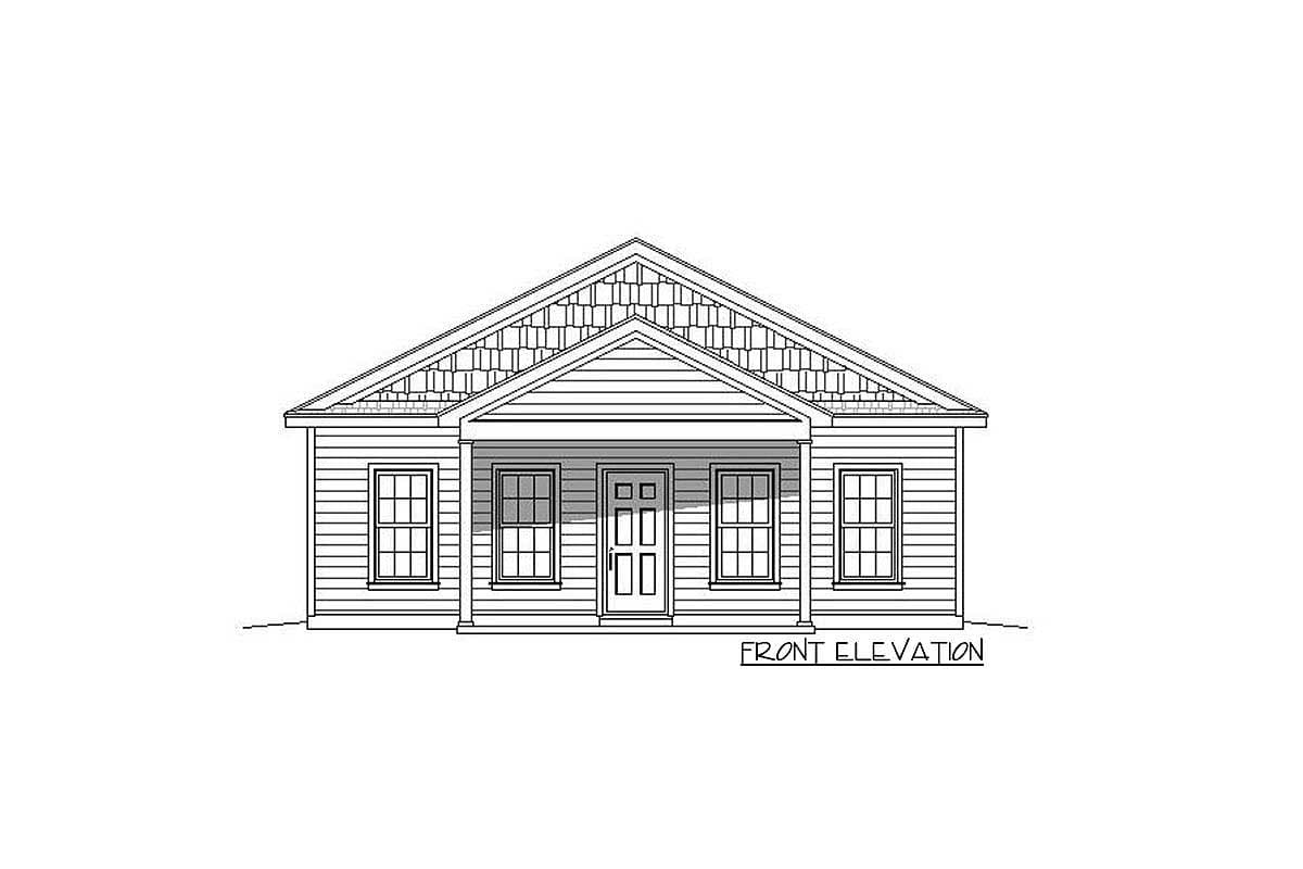 Front elevation drawing of a single-story house plan with a gabled roof, covered porch, and double front doors.