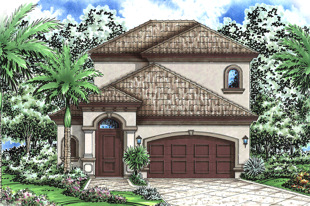 House plan exterior. Two-story Mediterranean style with a tile roof, arched entry, and a two-car garage. Includes a Palladian window.