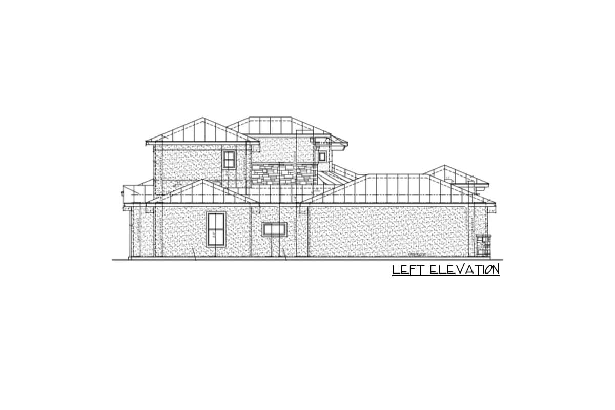 Left elevation drawing of a two-story house plan, showing multiple gables, dormers, and varied rooflines.