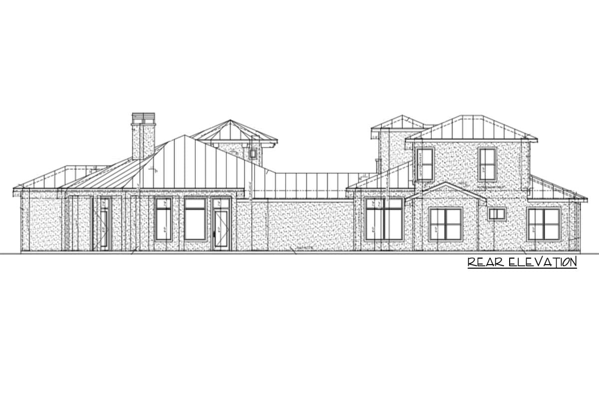 Rear elevation drawing of a two-story house plan with a brick exterior, multiple gables, and a prominent chimney.