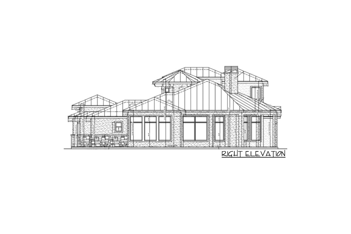 Right elevation drawing of a multi-story house plan with stone accents, multiple gables, and prominent rooflines.