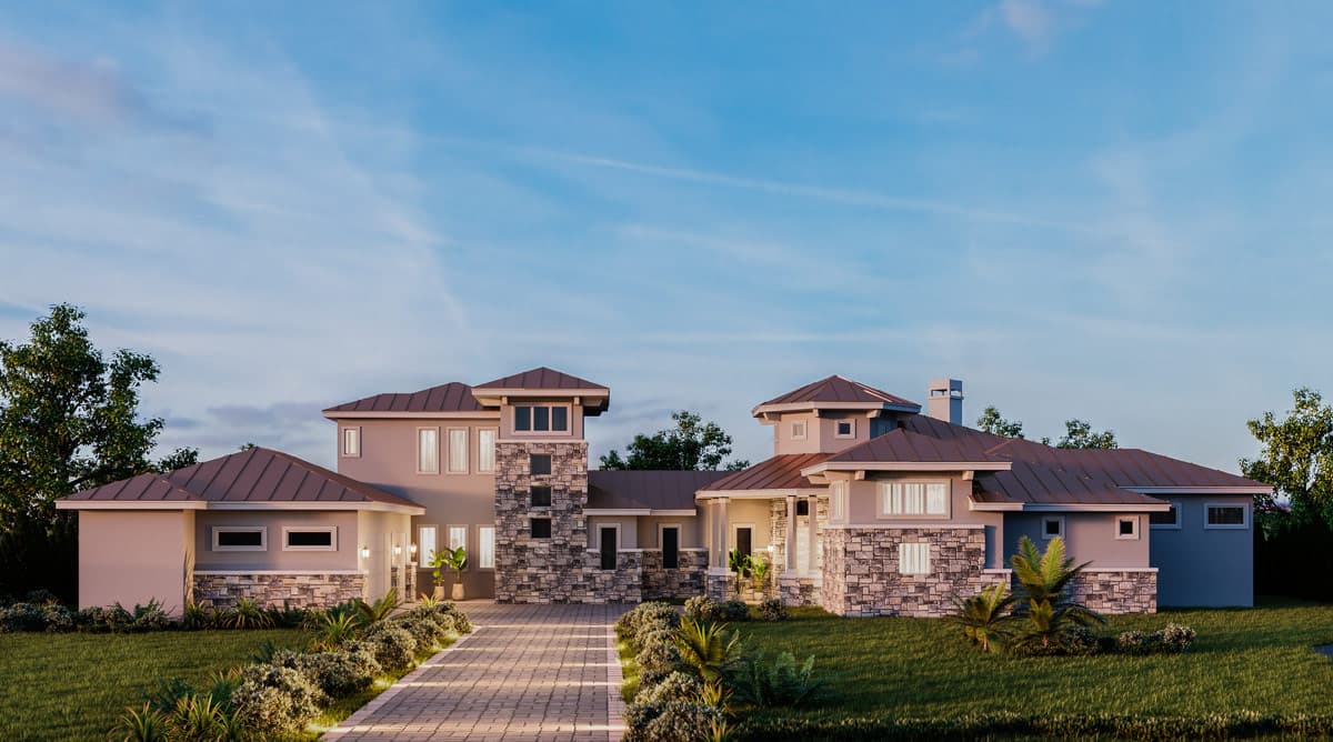 House plan exterior with stone accents, multiple rooflines, and a two-story section. Features include a prominent chimney and portico.