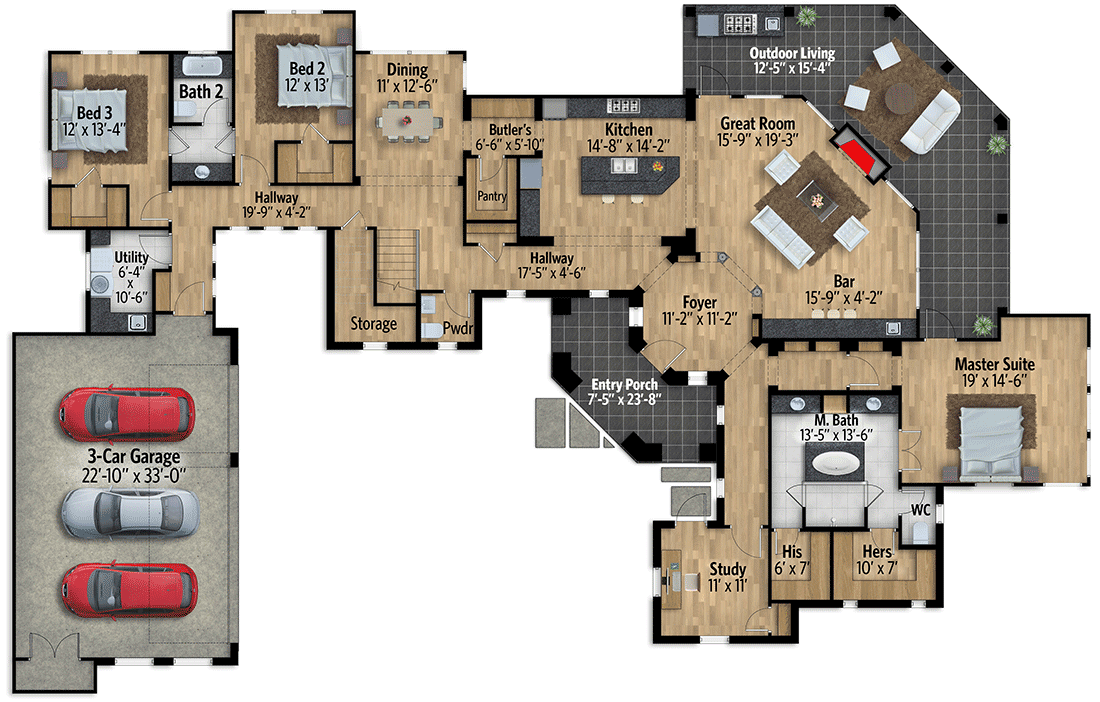 Plan 430033LY: Impressive Tuscan House Plan with Game Room - Floor Plan - Main Level - Hill Country, Mediterranean, Tuscan