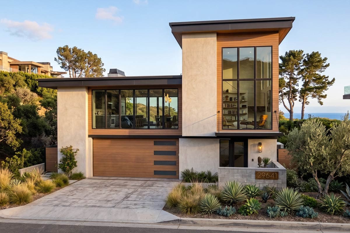 Modern house plan exterior with stucco, wood siding, flat roof, and large windows.