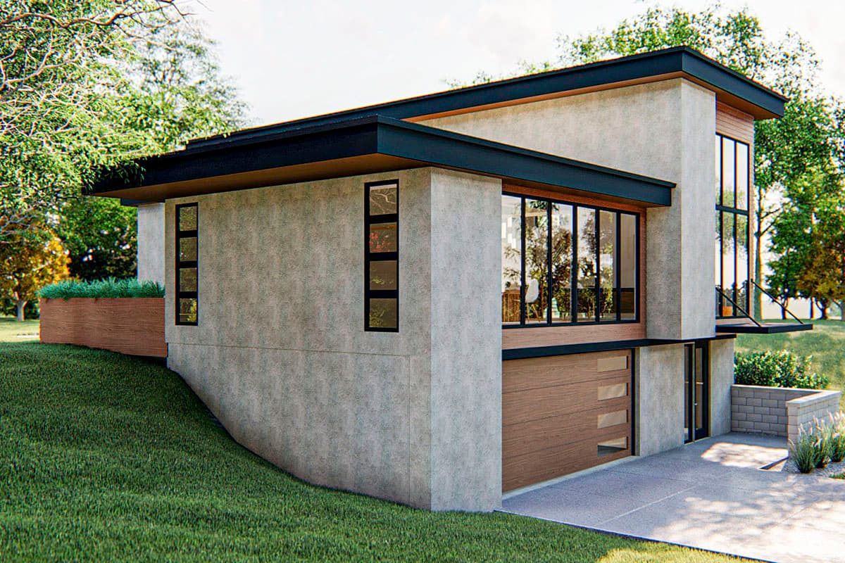 Modern house plan exterior with a flat roof, stucco walls, large windows, and a wood garage door.