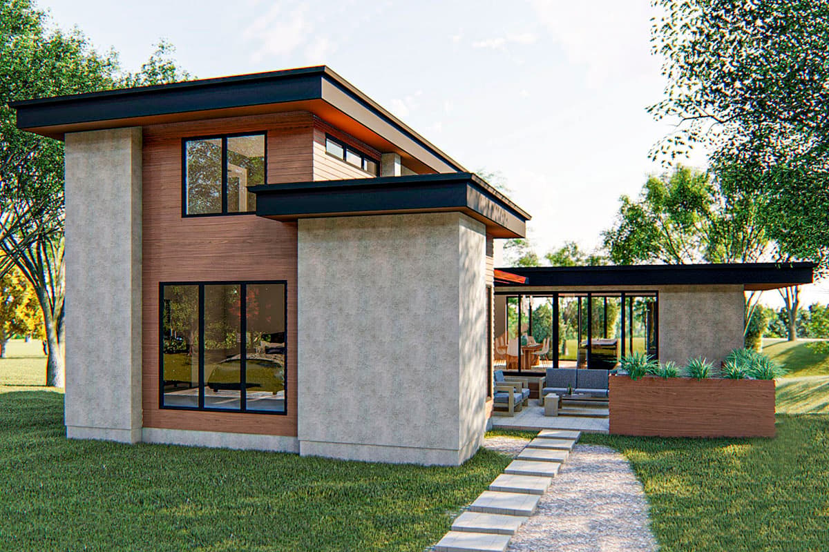Modern house plan exterior with wood siding, stucco columns, flat roof, and large windows.