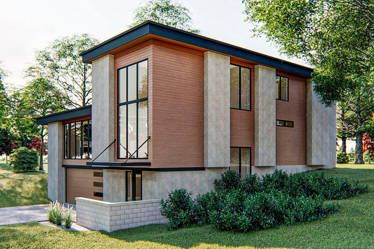 Modern house plan exterior: two stories, flat roof, wood siding, concrete pillars, large windows, attached garage.