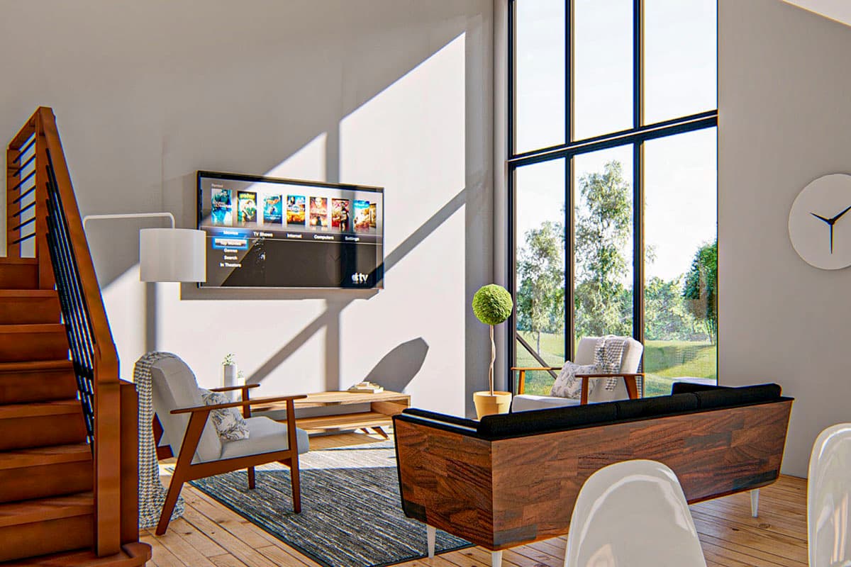 Great room rendering with modern staircase, wall-mounted TV, minimalist furniture, and floor-to-ceiling windows.