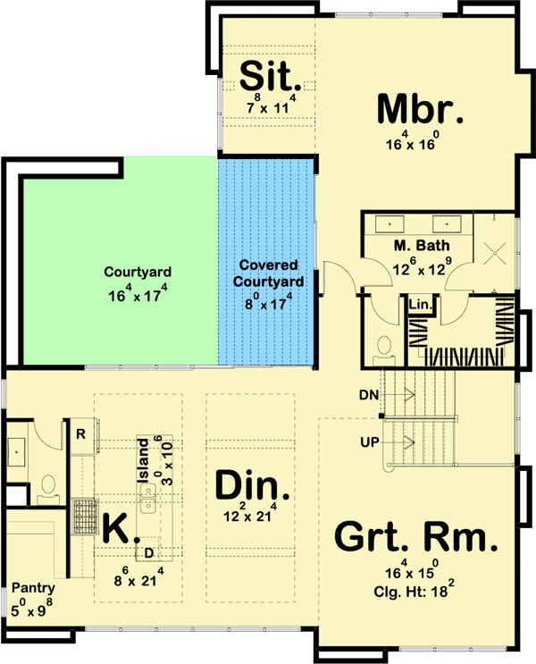 Plan 62726DJ: Striking  Modern House Plan with Courtyard and Drive-Under Garage - Floor Plan - Main Level - Coastal, Contemporary, Modern, Northwest