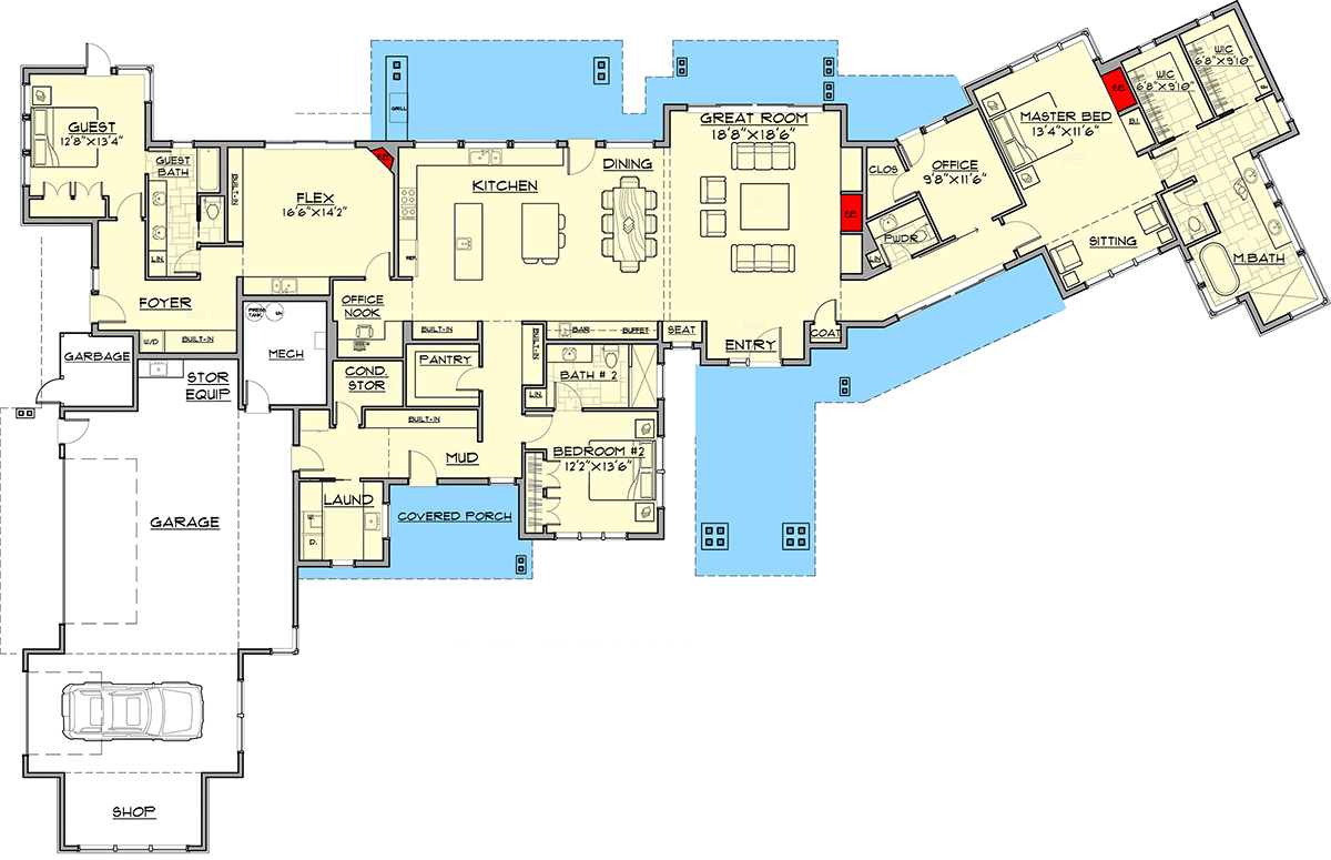Plan 54227HU: Luxury Modern House Plan with Incredible Views - Floor Plan - Main Level - Contemporary, Mid Century Modern, Modern, Mountain, Northwest, Rustic