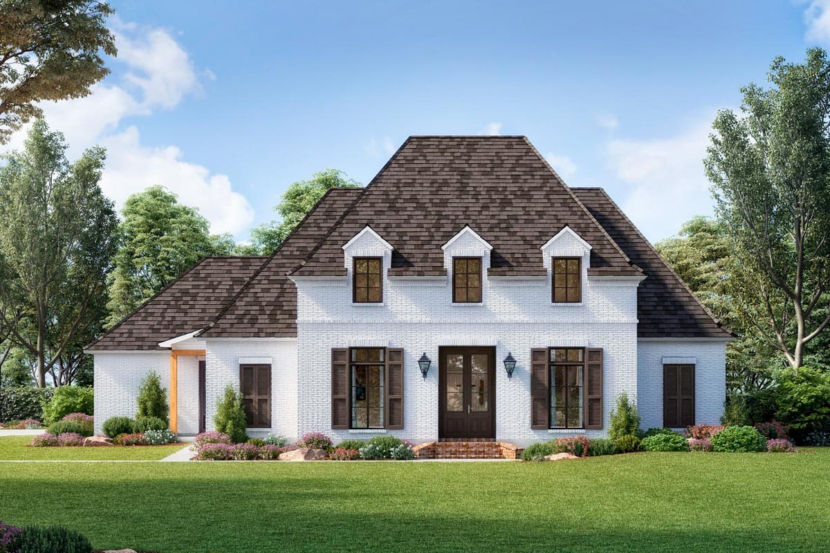 House plan exterior. Two-story home in a classic style with a gabled roof. Features include dormers, shutters on windows, and a covered porch.