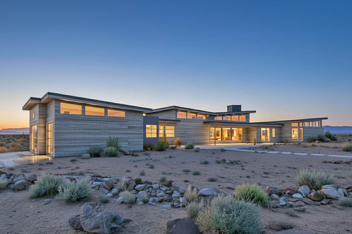 Modern, low-profile house at dusk, featuring a wood-paneled exterior and expansive windows. Situated in a desert landscape with sparse vegetation.
