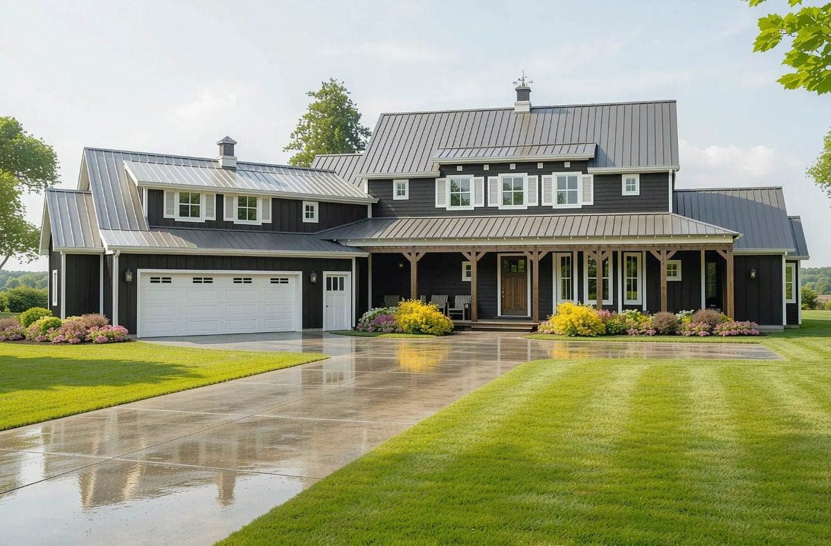House plan exterior: Two-story Modern Farmhouse with gables, dormers, metal roof, and covered porch.