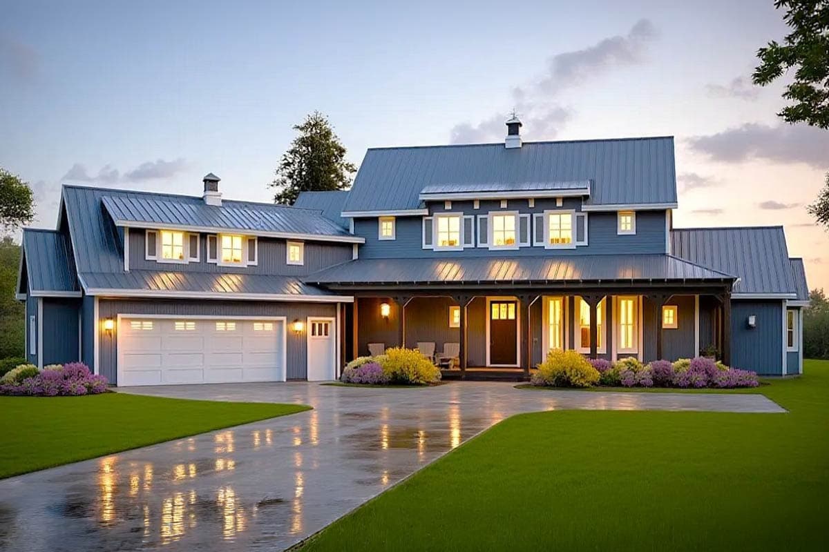 House plan exterior. Two-story Modern Farmhouse with a front porch, multiple gables, and a detached garage with side entry.