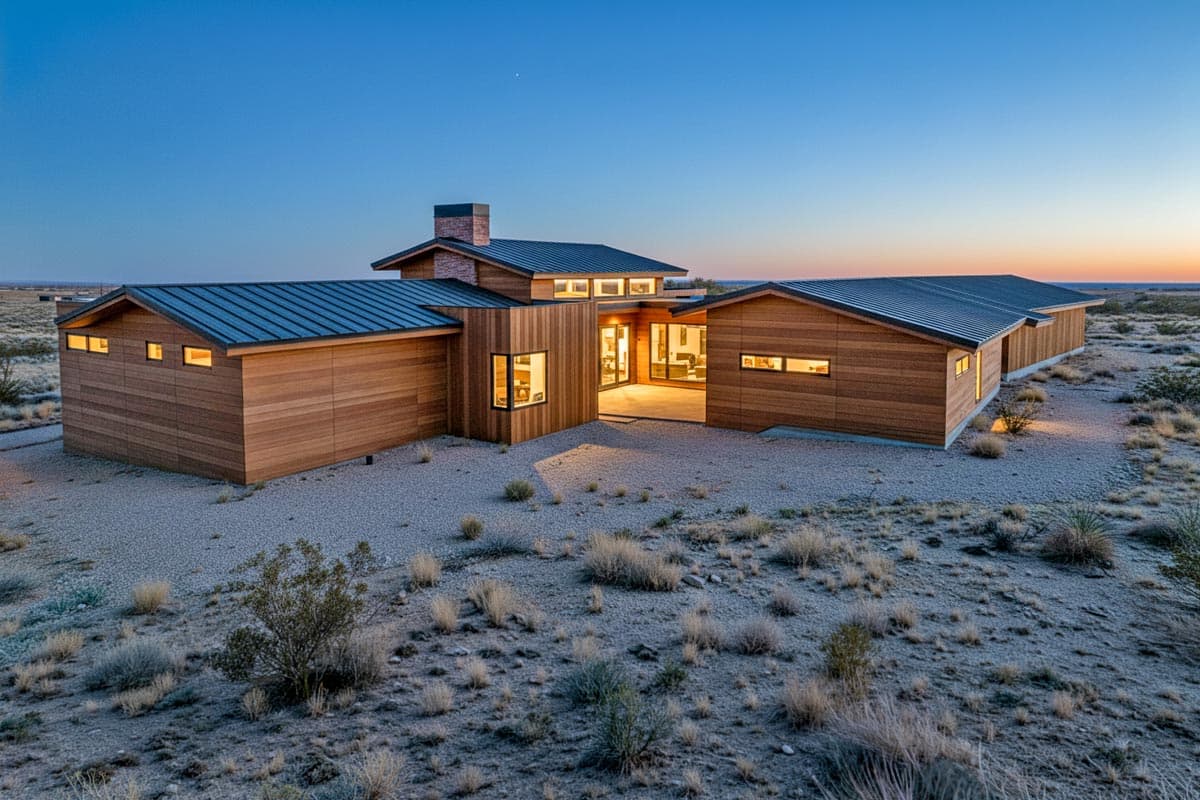 Modern house plan exterior with wood siding, metal roof, chimney, and multiple window configurations.