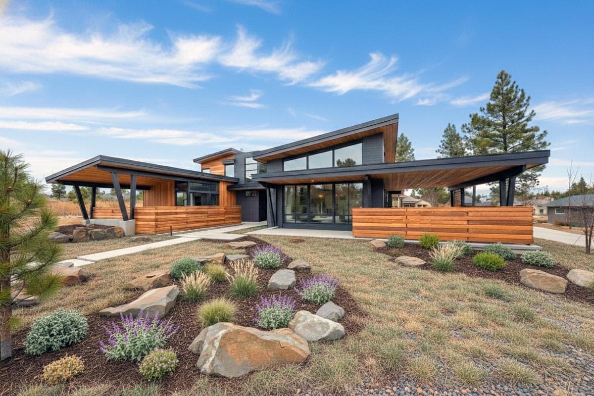 Modern house plan exterior with asymmetric rooflines, wood siding, large windows, and covered patios.
