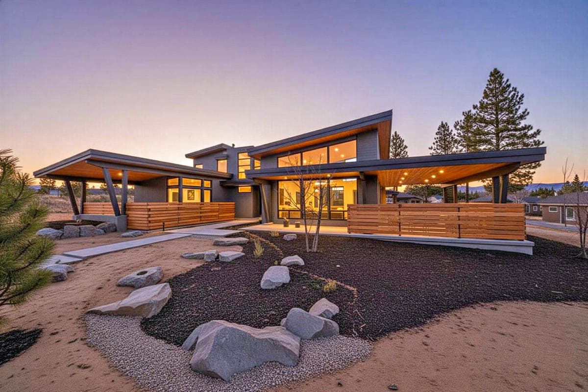 Modern house plan exterior with angled rooflines, expansive windows, covered patios, and horizontal wood slat fencing.