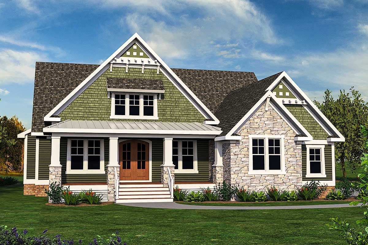 Craftsman house plan exterior with stone accents, deep porch, gables with decorative trim, and double front doors.