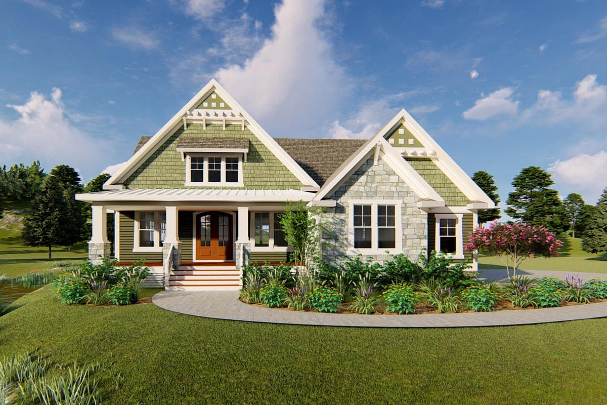 Craftsman style house plan exterior with a covered porch, stone and shingle siding, and multiple gables.