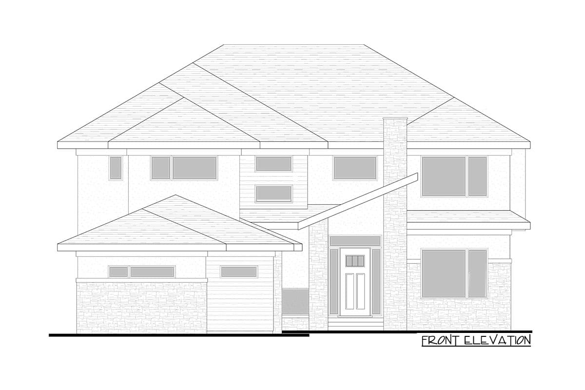 Front elevation drawing of a two-story house with a multi-level roof, stone and horizontal siding, and an attached garage.